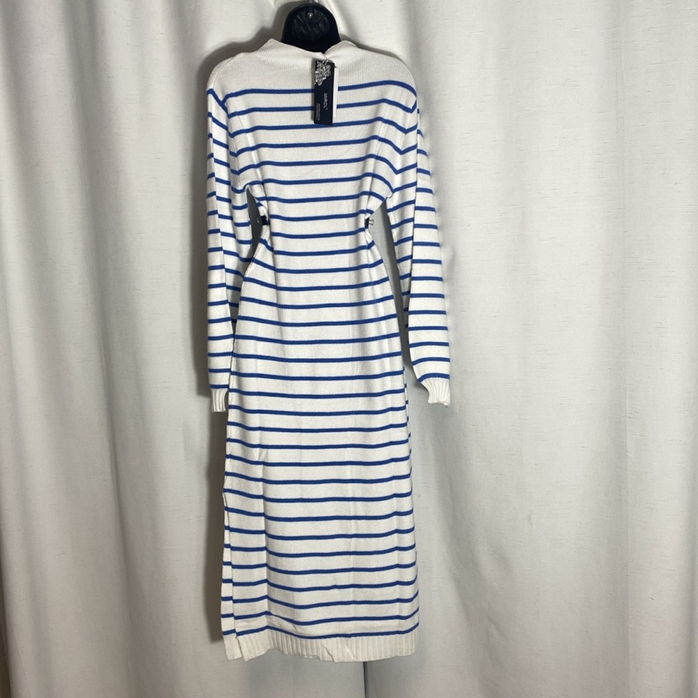 MIROL Mujer Mock Neck Striped Dress Long Puff Sleeve Side Slit Knit Sweater Sz L - Picture 10 of 14